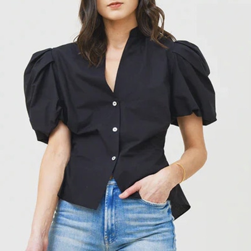 Vince Black Puff Sleeve Twist Back Blouse Cutout Button Front Womens Xs